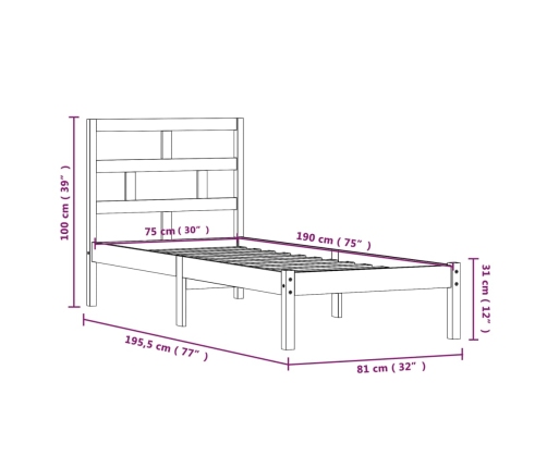 Estructura de cama individual pequeña madera maciza 75x190 cm