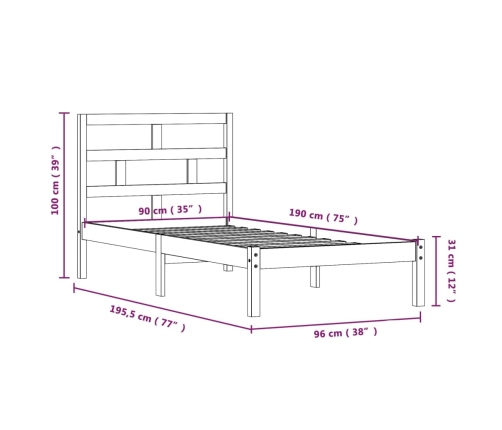 Estructura de cama individual de madera maciza blanco 90x190 cm