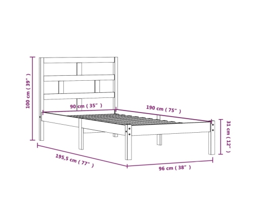 vidaXL Estructura de cama individual de madera maciza negro 90x190 cm