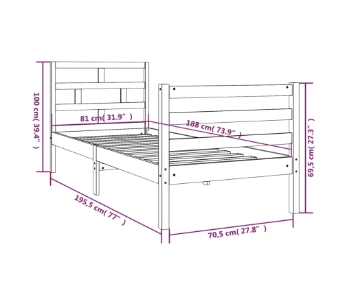 Estructura de cama individual pequeña madera maciza 75x190 cm