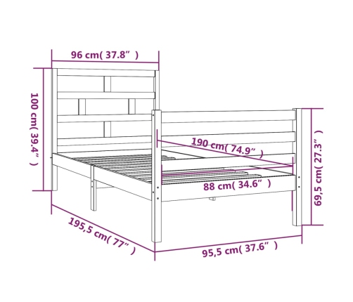 Estructura de cama individual de madera maciza 90x190 cm