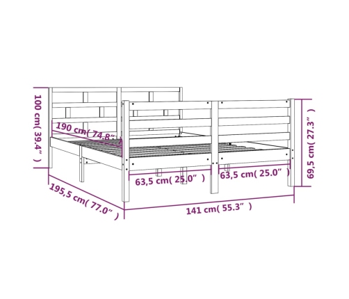 Estructura de cama doble madera maciza gris 135x190 cm