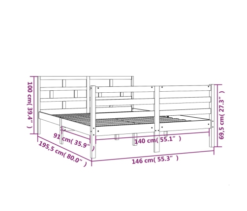 Estructura de cama de madera maciza de pino 140x190 cm