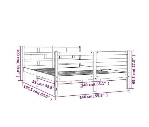 Estructura de cama de madera maciza de pino blanco 140x190 cm