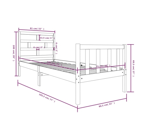 Estructura de cama madera maciza de pino 75x190 cm