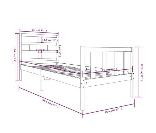 Estructura de cama madera maciza de pino negro 75x190 cm