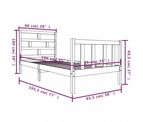 Estructura de cama individual sin colchón madera pino blanco