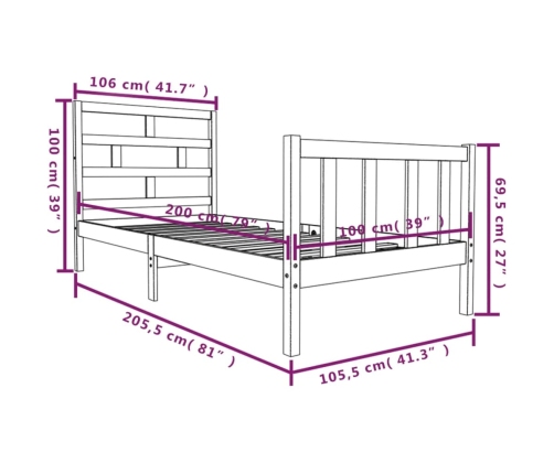 Estructura de cama madera maciza de pino negro 100x200 cm