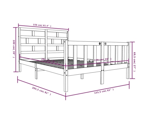 Estructura de cama doble sin colchón madera maciza gris