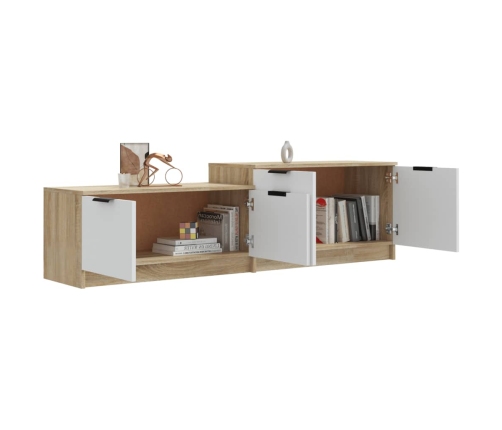 Mueble de TV madera contrachapada blanco y roble 158,5x36x45 cm