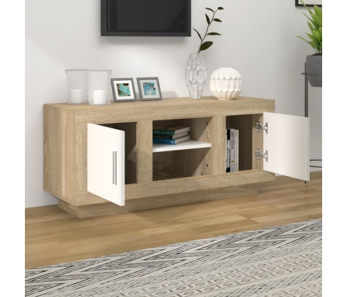 Mueble de TV madera contrachapada blanco y roble 102x35x45 cm