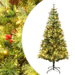 Árbol de Navidad con luces y piñas PVC PE verde 120 cm