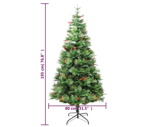 Árbol de Navidad con luces y piñas PVC PE verde 195 cm