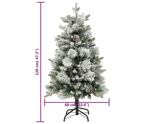 Árbol de Navidad con nieve, luces LED y piñas PVC y PE 120 cm