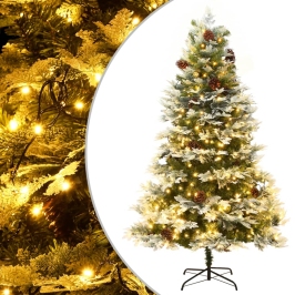 Árbol de Navidad con luces y piñas PVC PE verde 195 cm