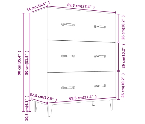 Aparador de madera contrachapada blanco brillante 69,5x34x90 cm