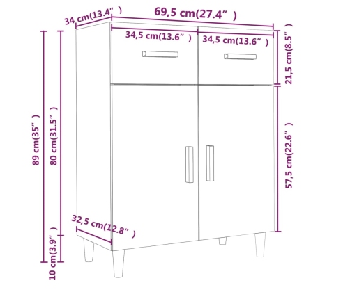 Aparador de madera contrachapada blanco 69,5x34x89 cm