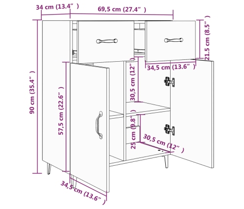 Aparador de madera contrachapada blanco brillante 69,5x34x90 cm