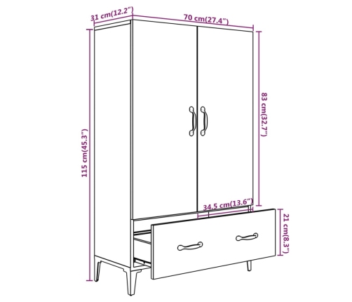 Aparador de madera contrachapada blanco 70x31x115 cm