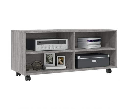 Mueble de TV con ruedas madera contrachapada gris 90x35x35 cm