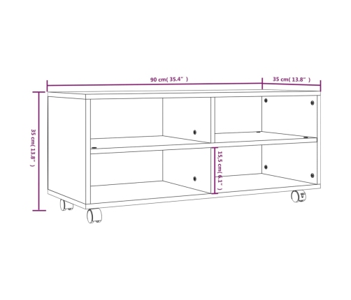 Mueble TV ruedas madera contrachapada roble marrón 90x35x35 cm