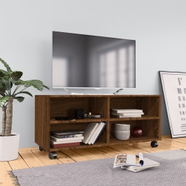 Mueble TV ruedas madera contrachapada roble marrón 90x35x35 cm