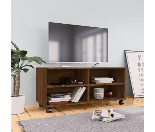 Mueble TV ruedas madera contrachapada roble marrón 90x35x35 cm