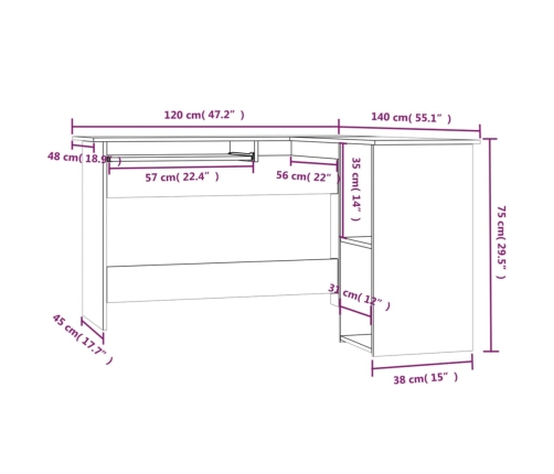 Escritorio de esquina madera contrachapada gris 120x140x75 cm