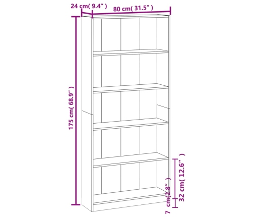 vidaXL Estantería de 5 niveles contrachapada marrón roble 80x24x175 cm