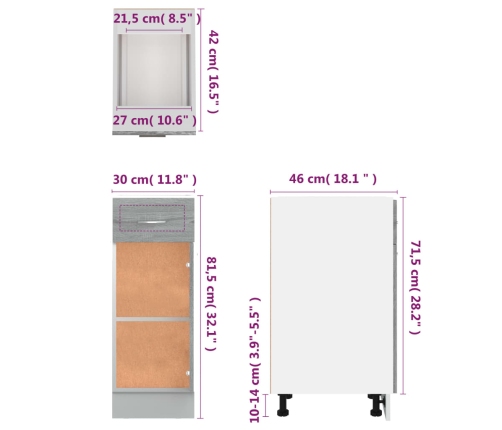 Armario bajo de cocina madera de ingeniería gris 30x46x81,5 cm