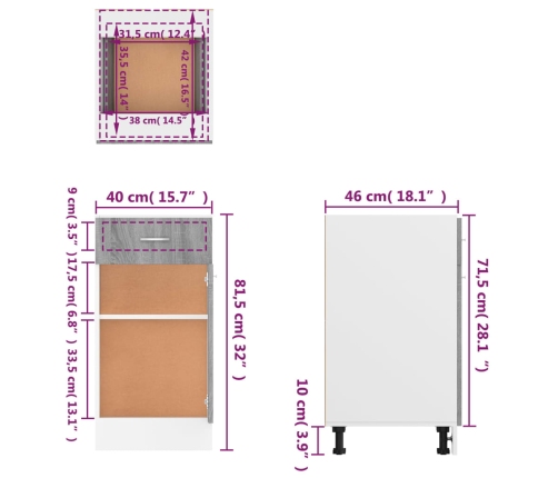 Armario bajo cocina madera ingeniería gris Sonoma 40x46x81,5 cm