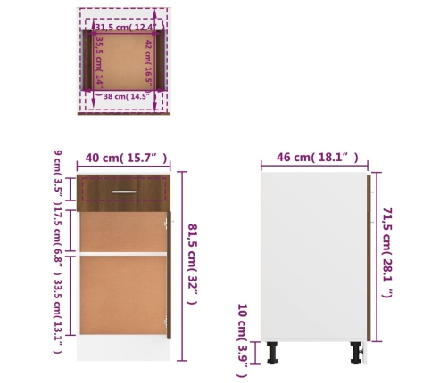 Armario bajo cocina madera ingeniería marrón 40x46x81,5 cm