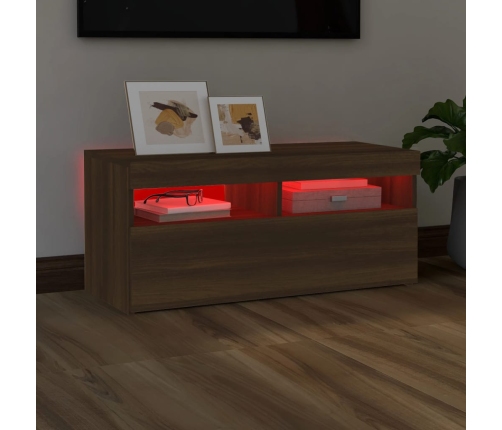 Mueble de TV con luces LED roble marrón 90x35x40 cm