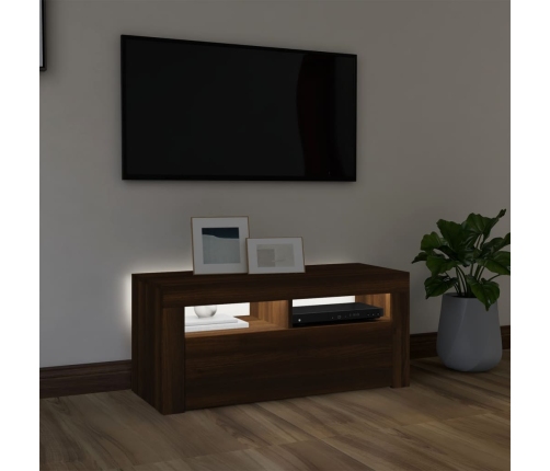 Mueble de TV con luces LED roble marrón 90x35x40 cm