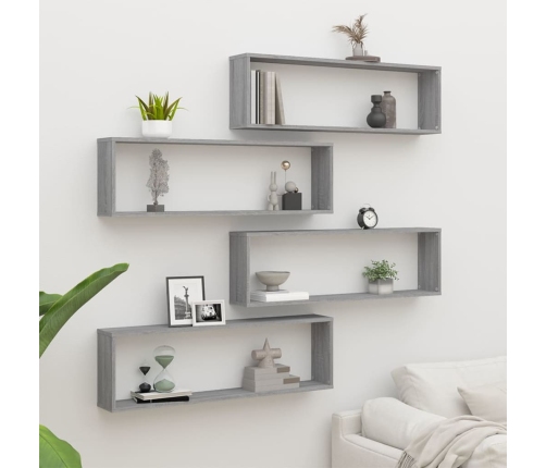 Estante cubo pared 4 uds contrachapada gris Sonoma 100x15x30 cm