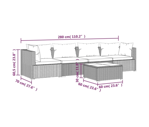 Set sofás de jardín 5 piezas y cojines ratán sintético marrón