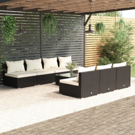 Set de sofás de jardín 8 piezas y cojines ratán sintético negro