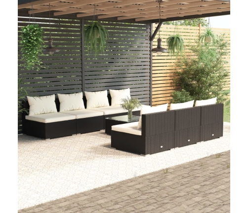 Set de sofás de jardín 8 piezas y cojines ratán sintético negro
