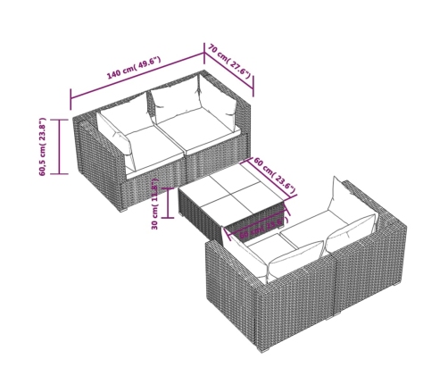 Set muebles de jardín 5 piezas y cojines ratán sintético marrón