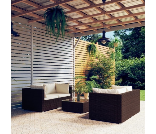 Set muebles de jardín 5 piezas y cojines ratán sintético marrón