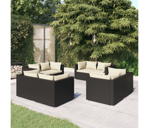 Set de muebles de jardín 8 pzas y cojines ratán sintético negro