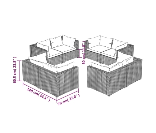 Set de muebles de jardín 8 pzas y cojines ratán sintético negro