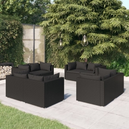Set de muebles de jardín 8 pzas y cojines ratán sintético negro