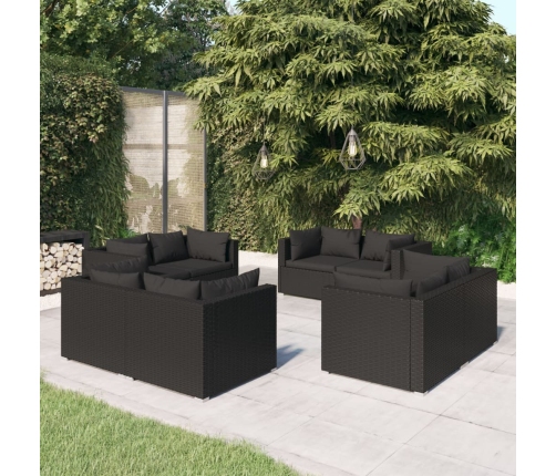 Set de muebles de jardín 8 pzas y cojines ratán sintético negro