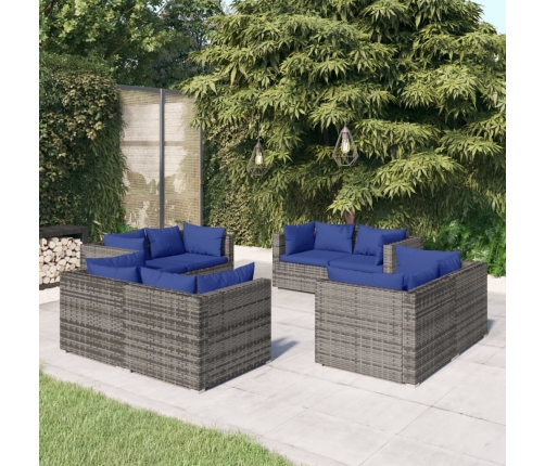 Set de sofás de jardín 8 piezas y cojines ratán sintético gris