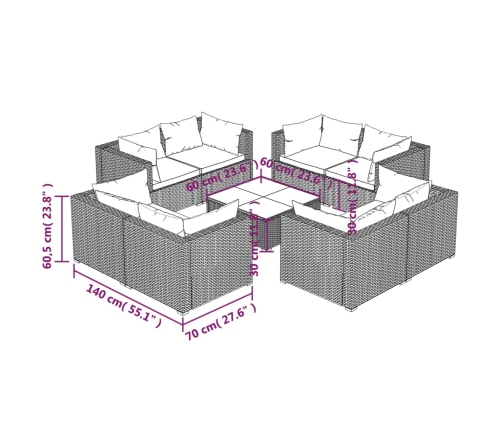Set de muebles de jardín 9 pzas y cojines ratán sintético negro