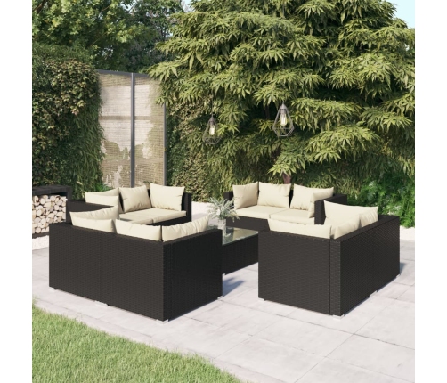 Set de muebles de jardín 9 pzas y cojines ratán sintético negro