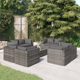 Set de muebles de jardín 9 pzas y cojines ratán sintético gris