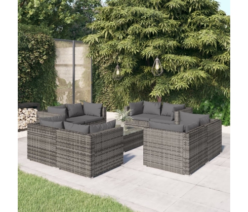 Set de muebles de jardín 9 pzas y cojines ratán sintético gris