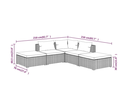 Set de muebles de jardín 5 pzas y cojines ratán sintético negro
